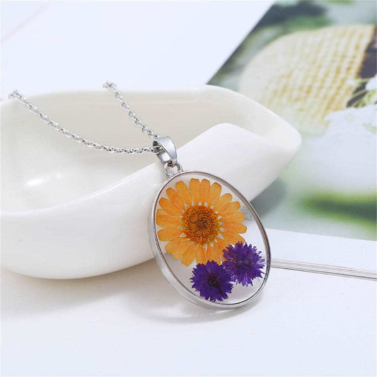 Yellow & Purple Pressed Mum Oval Pendant Necklace