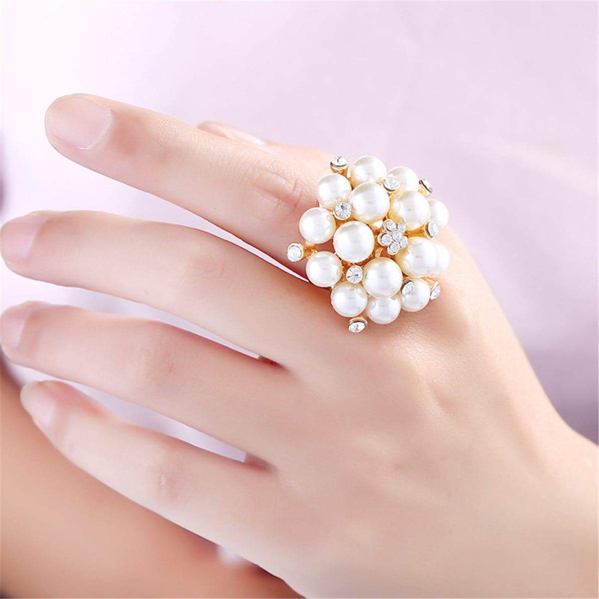 Pearl & Cubic Zirconia Goldtone Floral Adjustable Ring