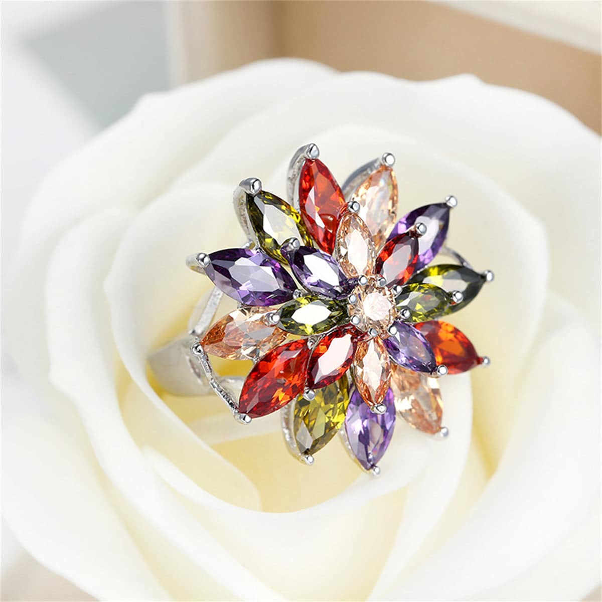 Multicolor Crystal & Silvertone Flower Ring