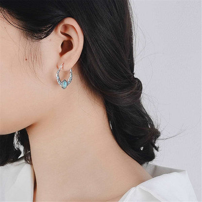 Turquoise & Silvertone Feather Hoop Earrings