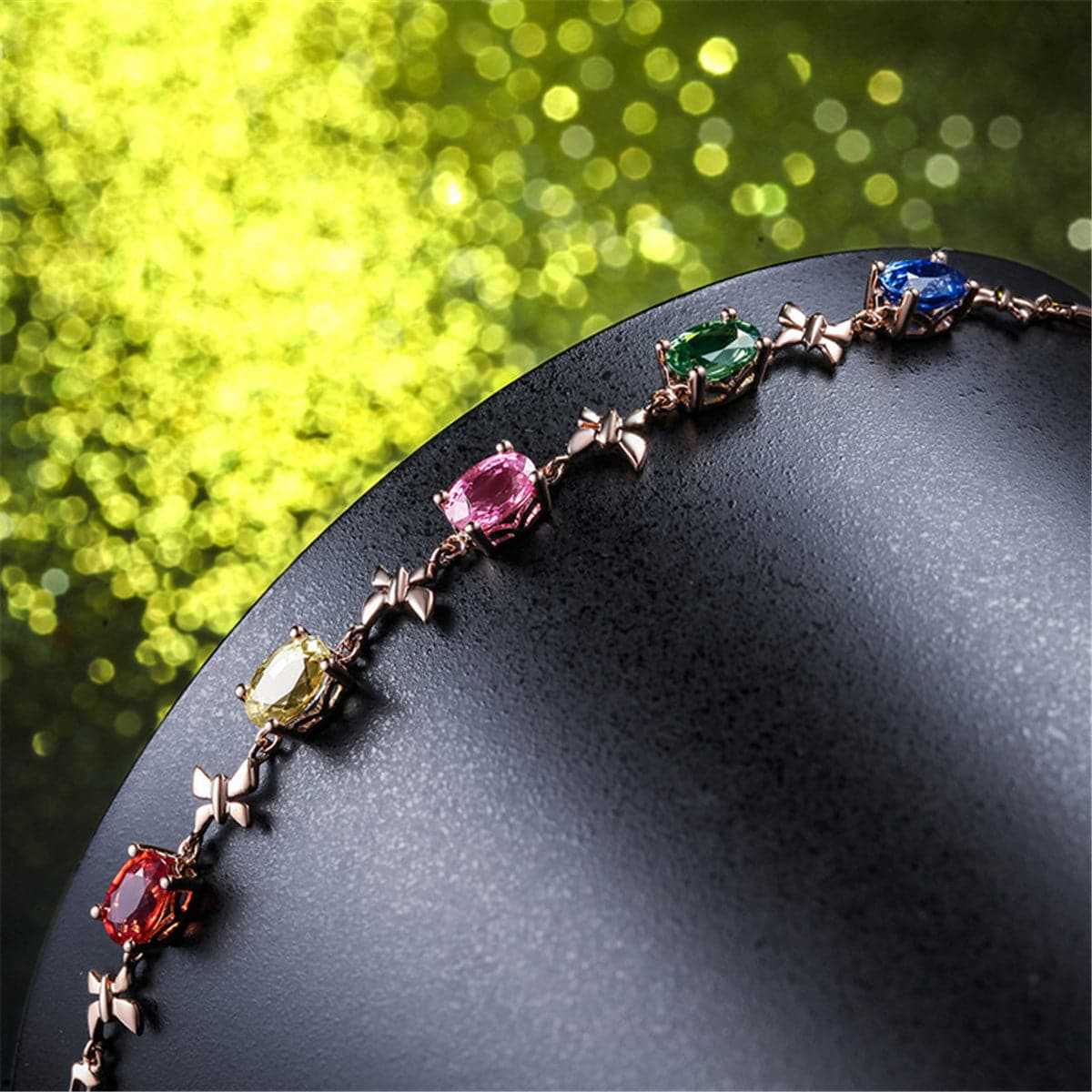 Green Crystal & Rose Goldtone Butterfly Charm Bracelet