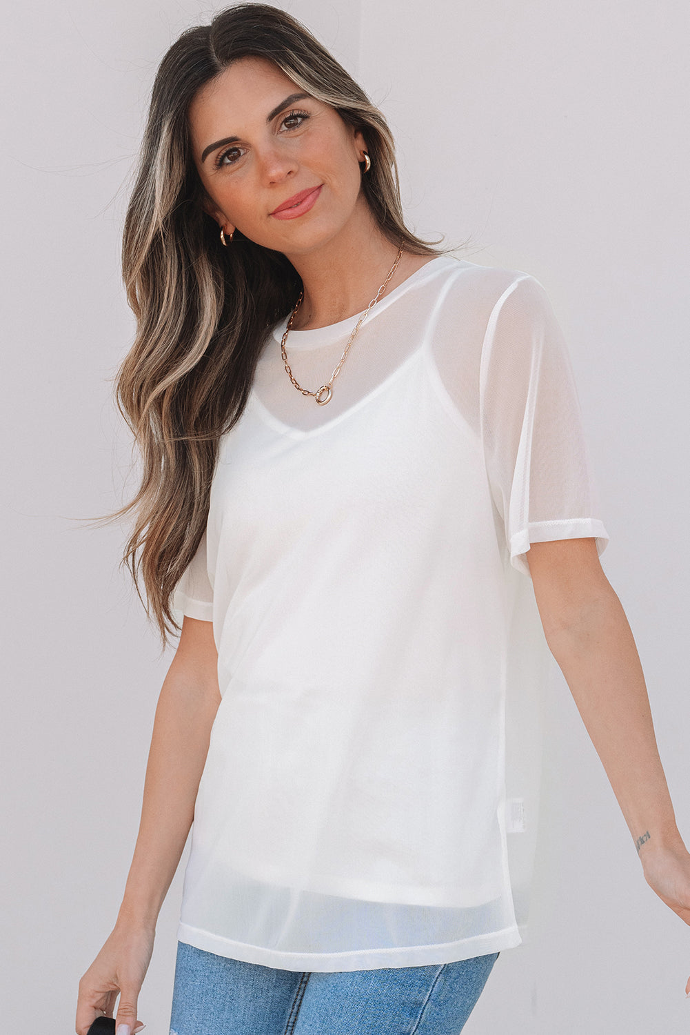 Threaded Pear Miranda Sheer Mesh Short Sleeve Top