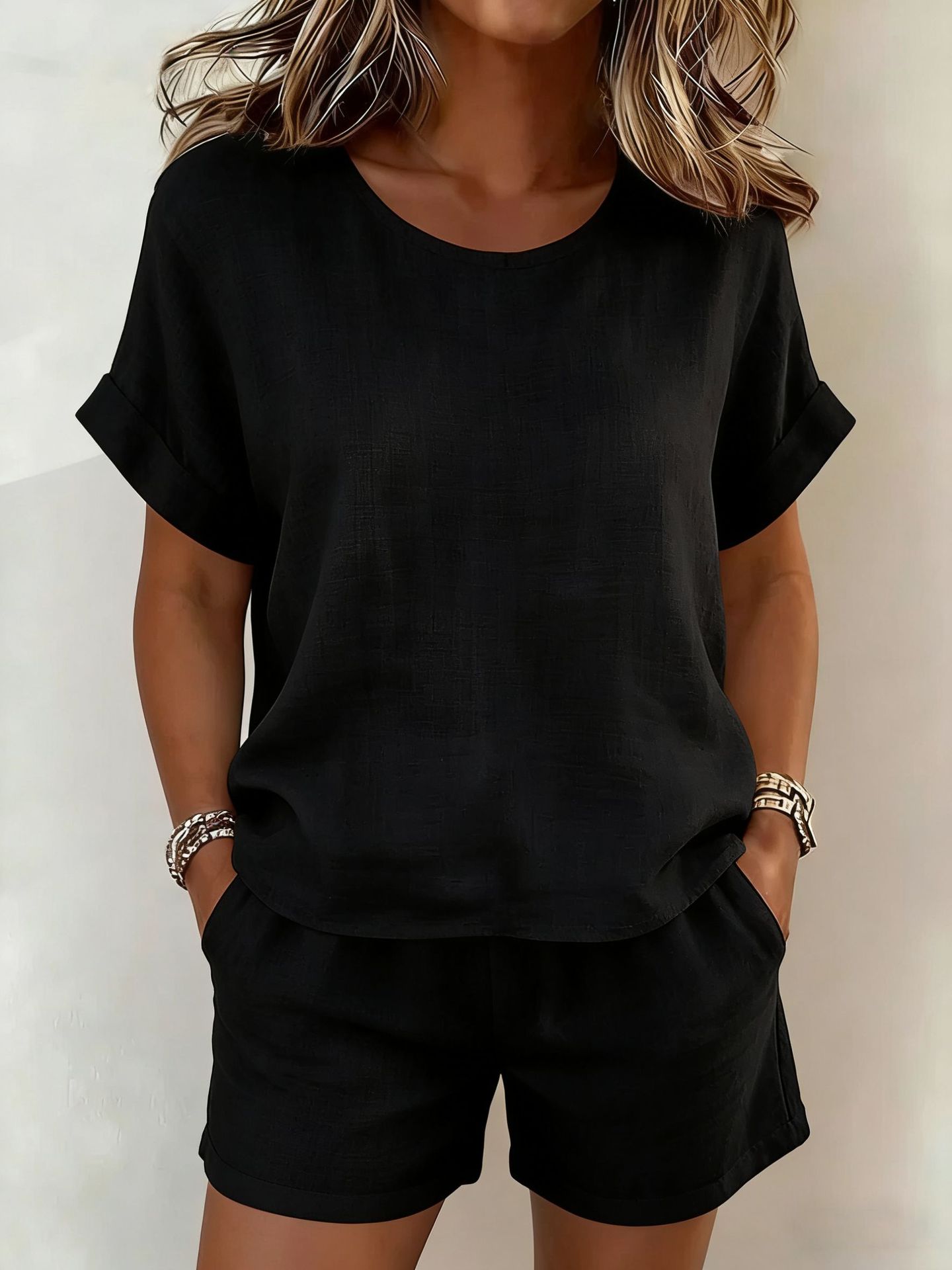 Women's Relaxed Cotton-Linen Cuffed Sleeve Top & Shorts Two-Piece Set