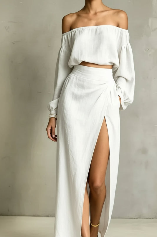 Women's Off-Shoulder Puff-Sleeve Crop Top & Wrap-Front High-Slit Maxi Skirt Set