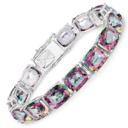 75.20 Cttw Cushion Rainbow Quartz Prong Silver Tennis Bracelet
