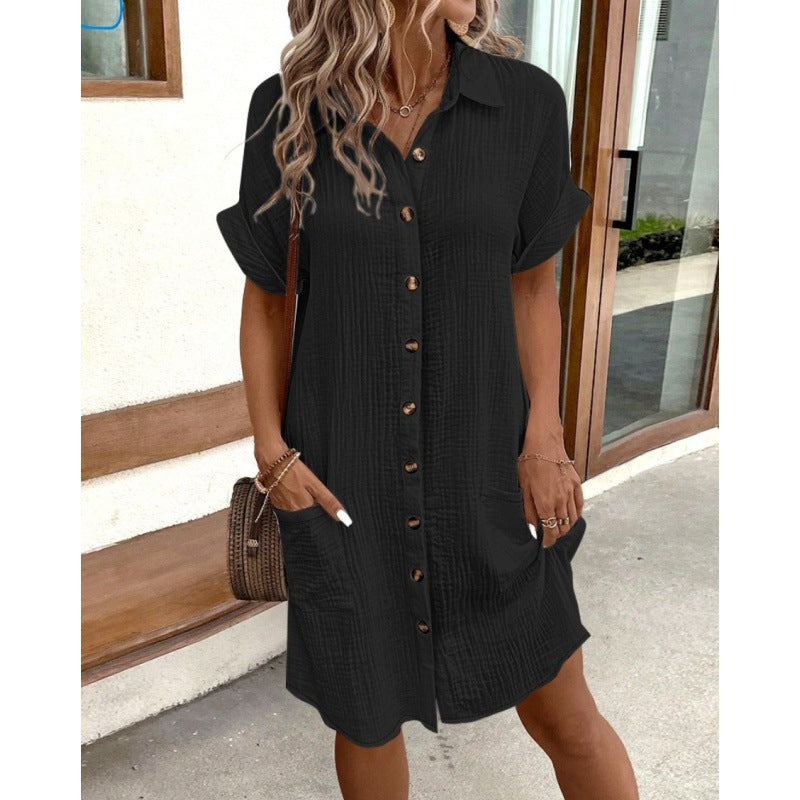 Women's Cotton Linen Shirt Dress – V-Neck Button-Front A-Line Dress