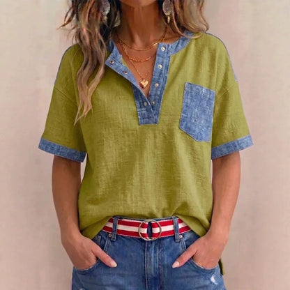 Women's Casual Loose-Fit Color-Block Patchwork Short-Sleeve Top