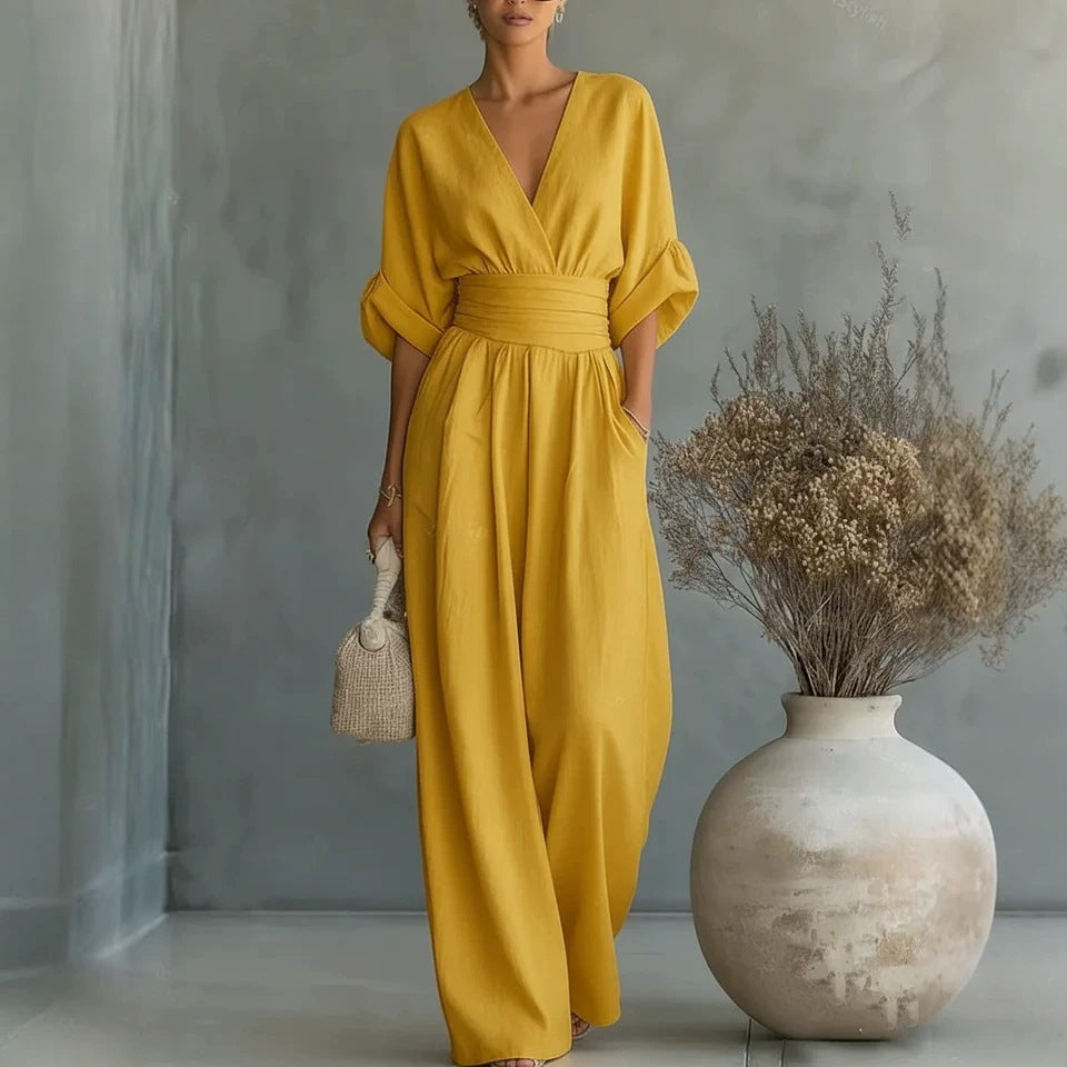 Women's V-Neck Wide-Leg Jumpsuit – High Waist Pleated Elegant