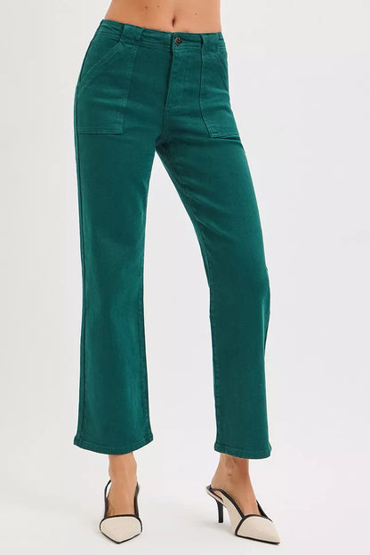 RISEN High Rise Ankle Flare Patch Pocket Jeans