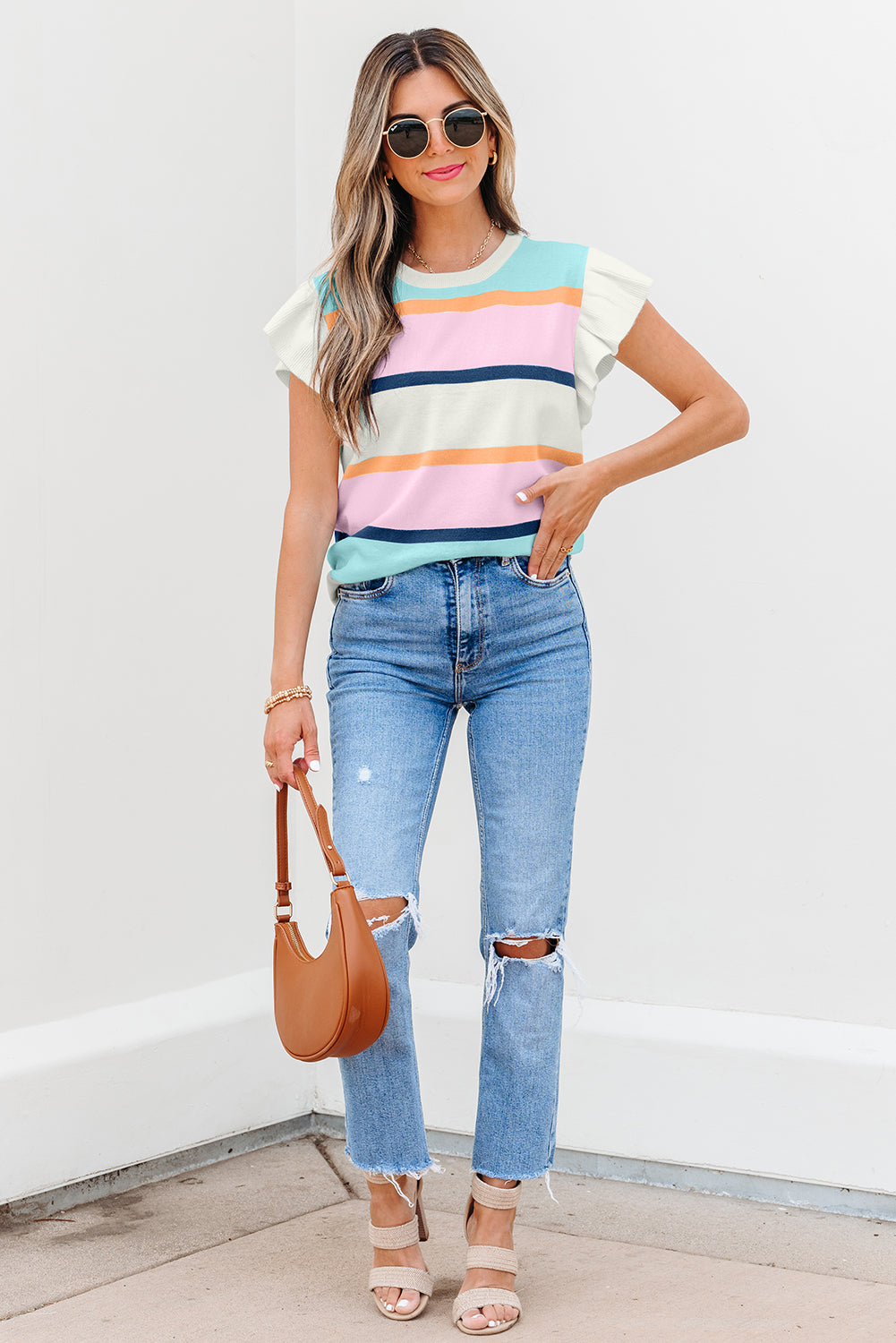 Threaded Pear Yasmin Striped Flutter Sleeve Patchwork Top