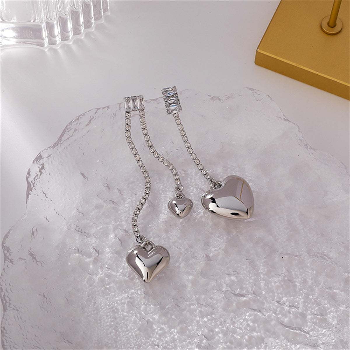 Cubic Zirconia & Silvertone Asymmetric Heart Drop Earrings