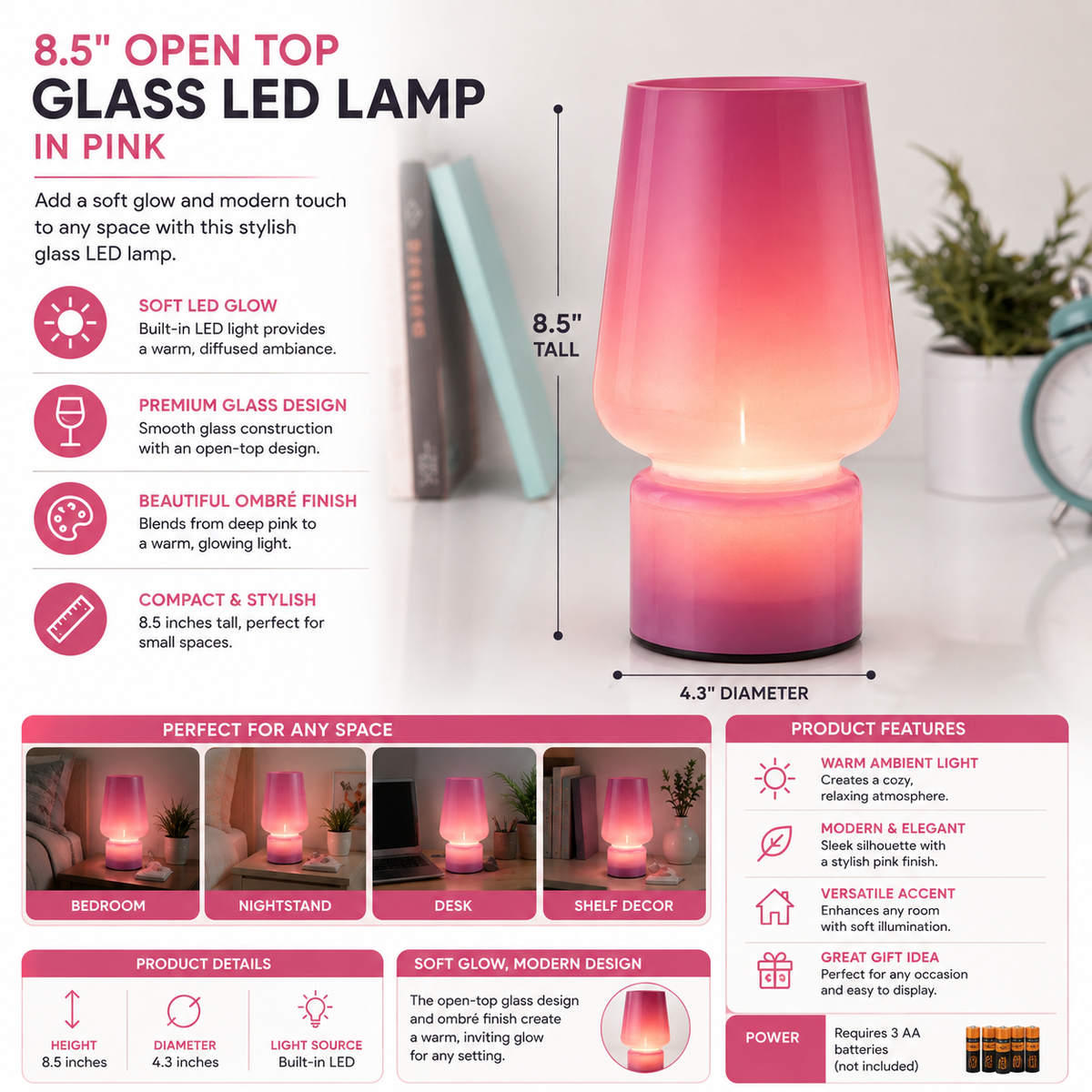 Open Top Glass LED Lamp in Pink-
