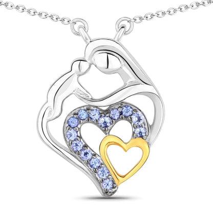 Round Violet Tanzanite Prong Silver Double Heart Pendant Necklace