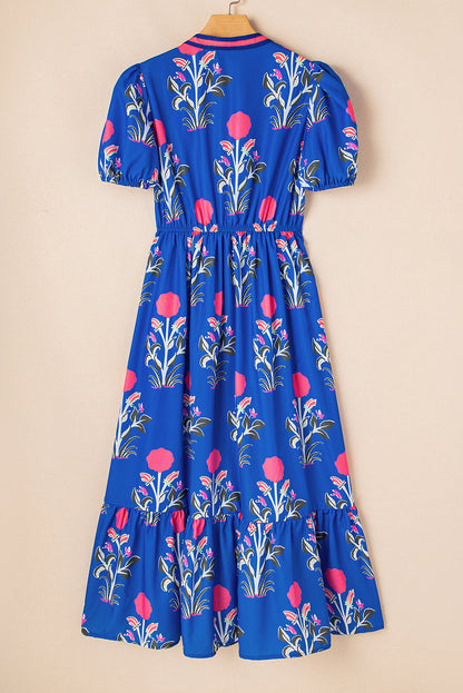 Julietta Floral Puff Short Sleeve V Neck High Waist Maxi Dress by Threaded Pear