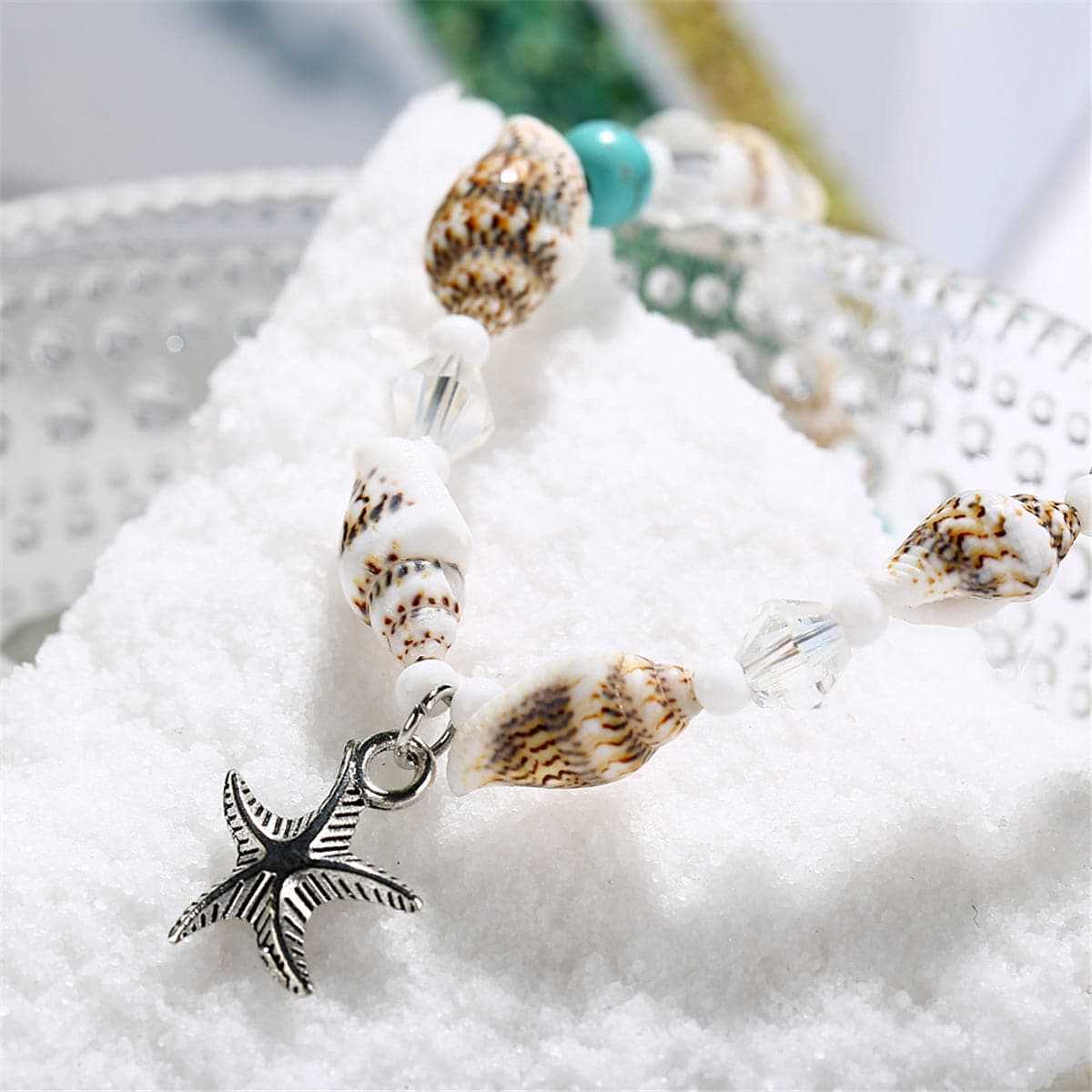 Blue & Silvertone Shell & Starfish Charm Anklet