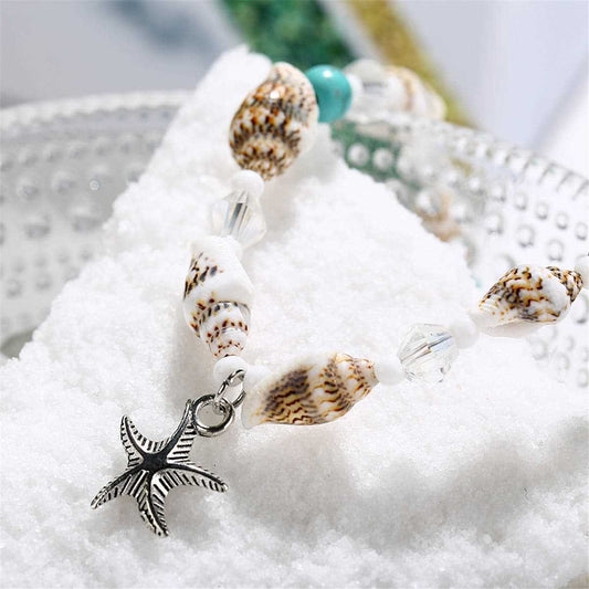 Blue & Silvertone Shell & Starfish Charm Anklet