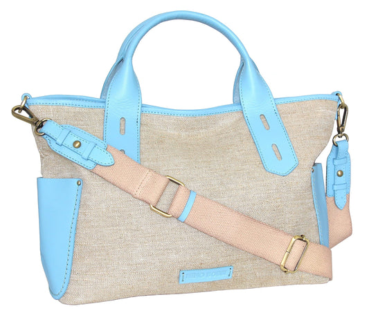 Delana Linen/Leather Tote in Sky Blue