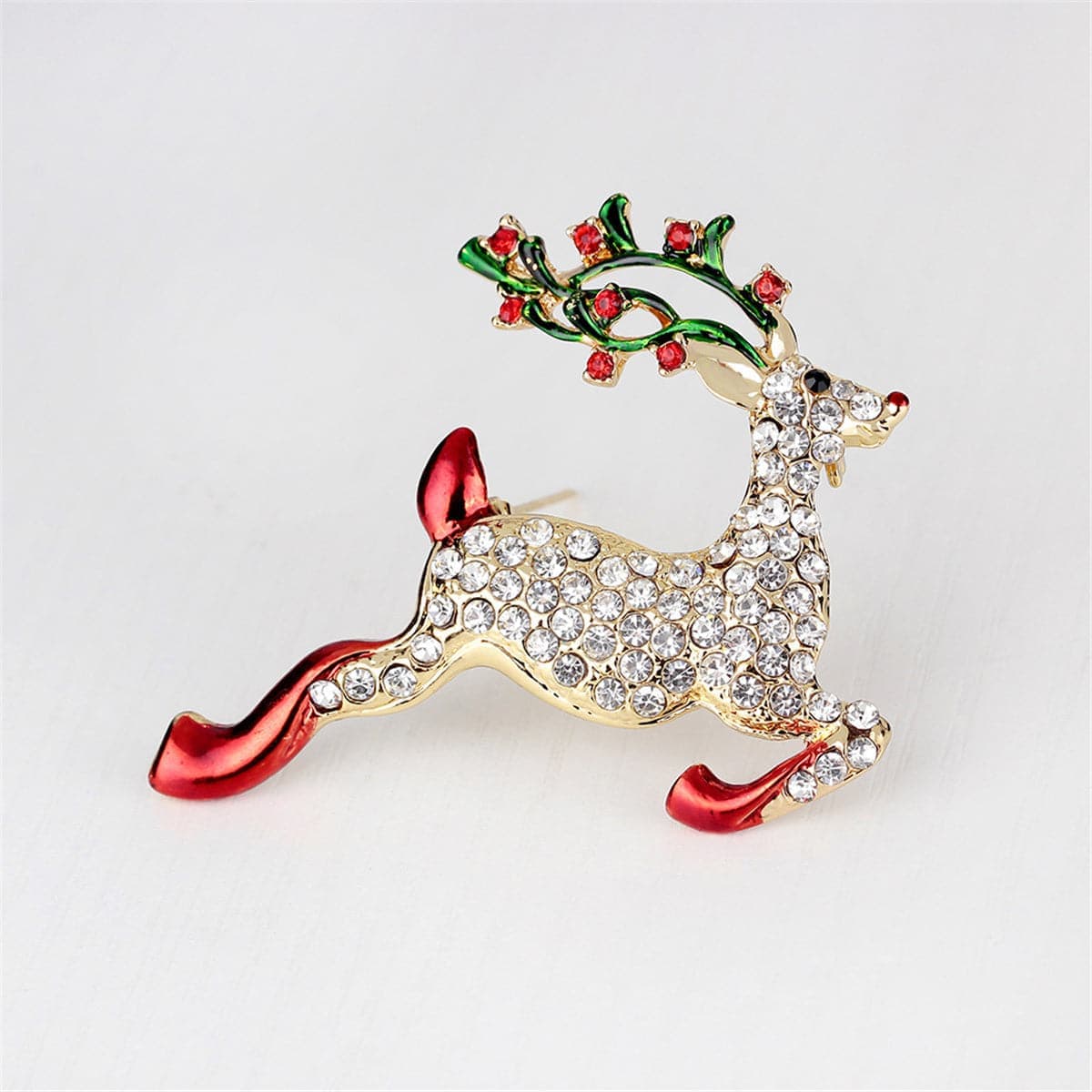 Cubic Zirconia & Goldtone Jumping Deer Brooch