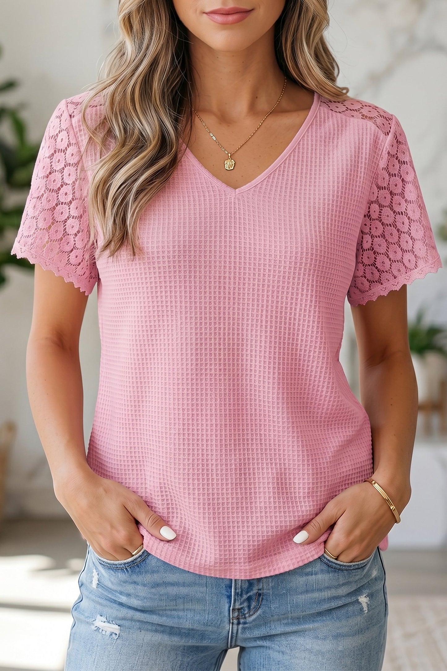 Threaded Pear Nyomi Cutout Waffle Knit Blouse