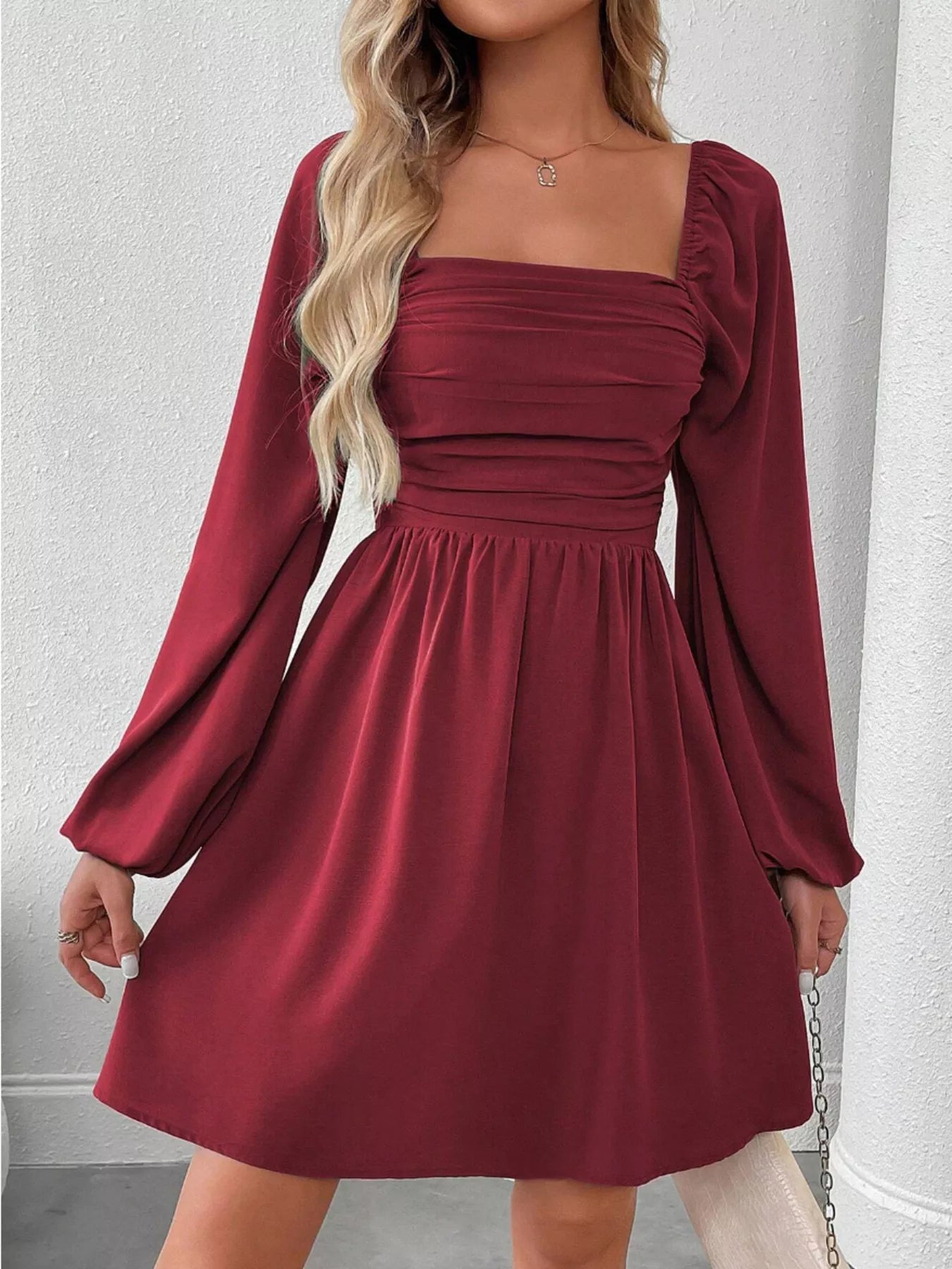 long sleeve square neck ruched dress Long Sleeve Square Neck Ruched Bust Mini Bodycon Dress In Chocolate Brown Slinky | EGO US