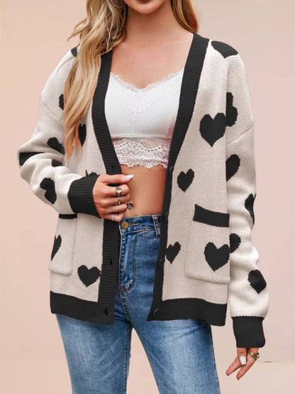 Heart Pattern V-Neck Button-Down Knit Cardigan