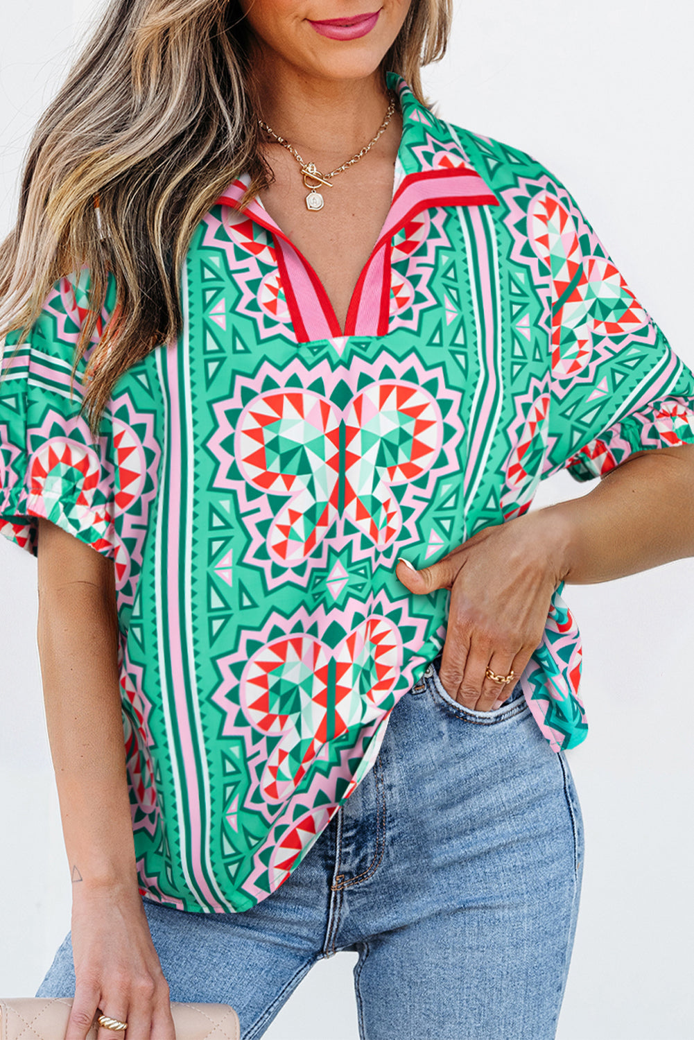 Threaded Pear Kamiyah Boho Abstract Striped Collared V Neck Blouse