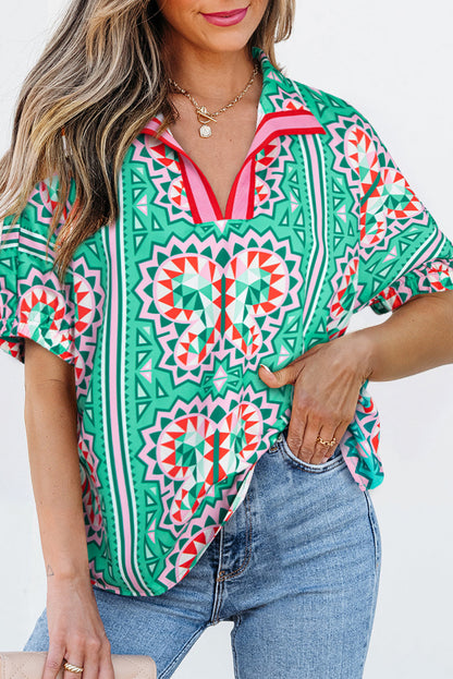 Threaded Pear Kamiyah Boho Abstract Striped Collared V Neck Blouse