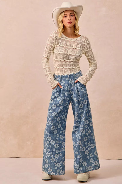 BiBi Ruffles Detail Flower Lace Top in Cream