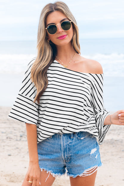 Threaded Pear Lilia Stripe Half Sleeve Scoop Neck Loose Top