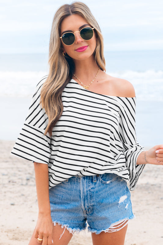 Threaded Pear Lilia Stripe Half Sleeve Scoop Neck Loose Top