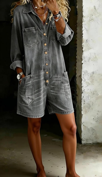 Women's Faux Denim Print Jumpsuit Shorts – Loose Fit, 3D Print, Elastic Waist