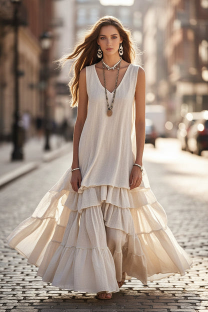 Loose Umbrella Skirt Sleeveless Maxi Dress | Cotton-Linen Style Beige / S Loose Umbrella Skirt Sleeveless Maxi Dress | Cotton-Linen Style Beige / S