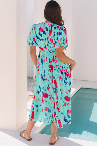 Threaded Pear Roselyn Abstract Short Puff Sleeve Tiered Maxi Dress