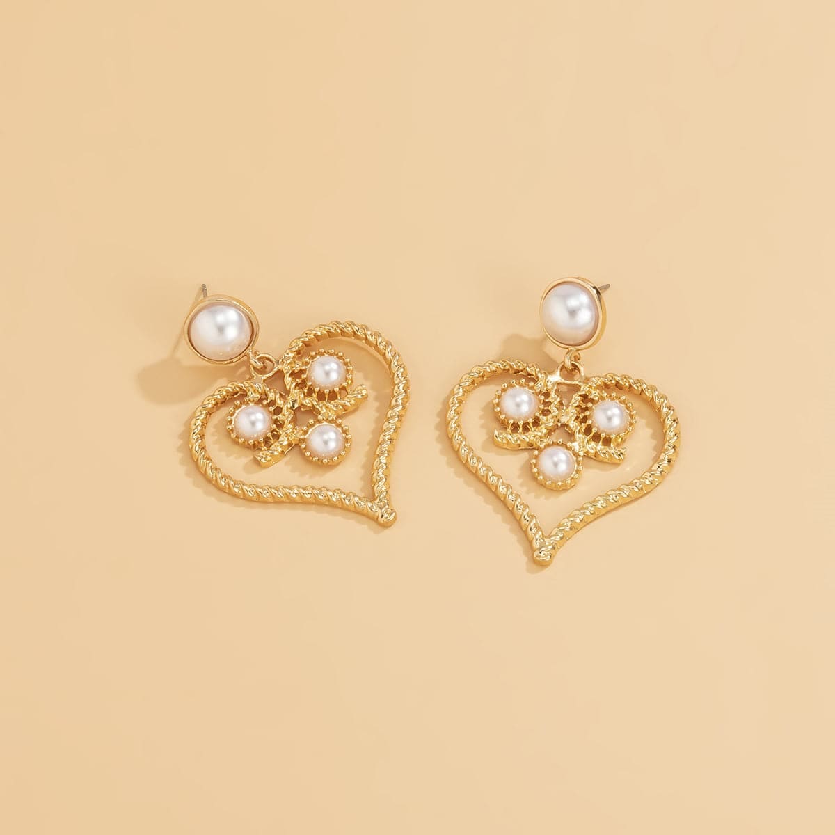 Pearl & Goldtone Openwork Twist Heart Drop Earrings