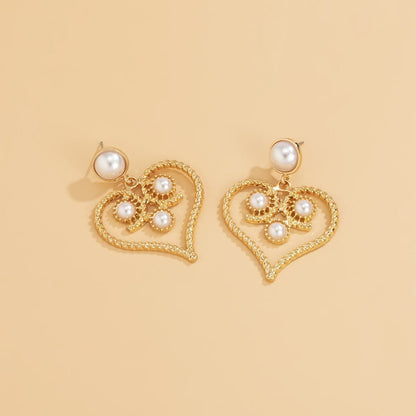 Pearl & Goldtone Openwork Twist Heart Drop Earrings