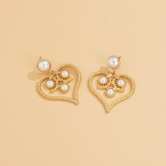 Pearl & Goldtone Openwork Twist Heart Drop Earrings