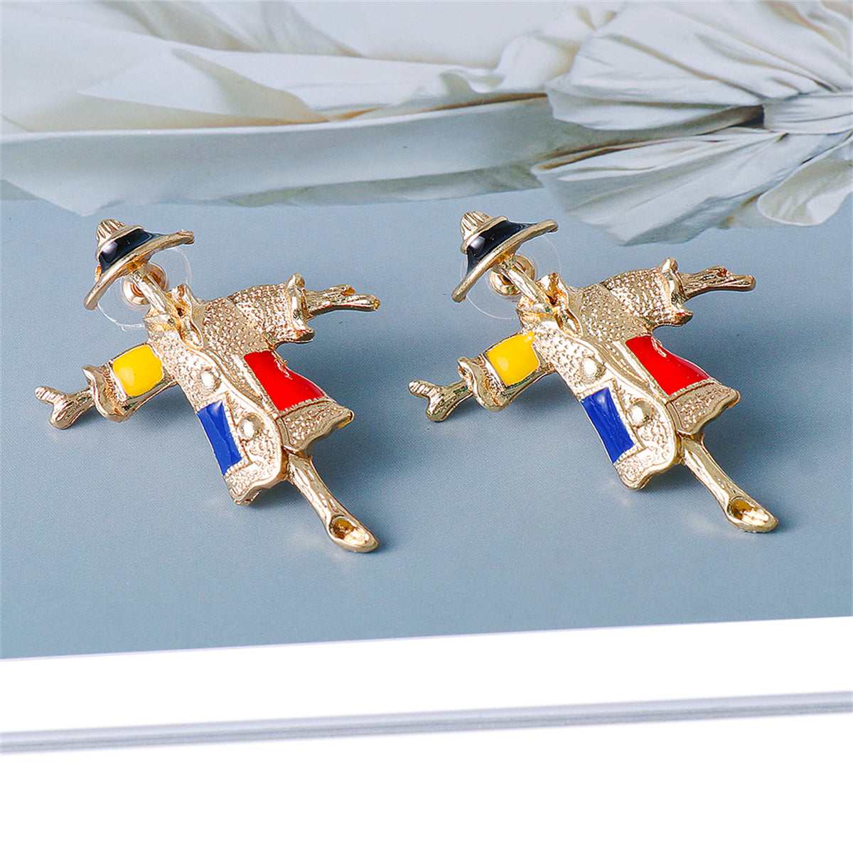Red Enamel & Goldtone Scarecrow Drop Earrings