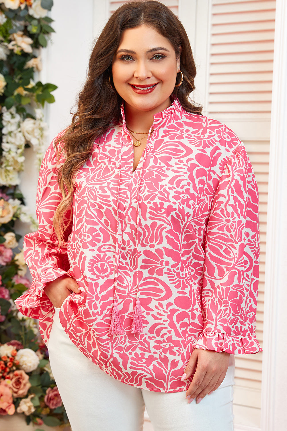 Threaded Pear Alanna Plus Size Floral Frilled Neck Top