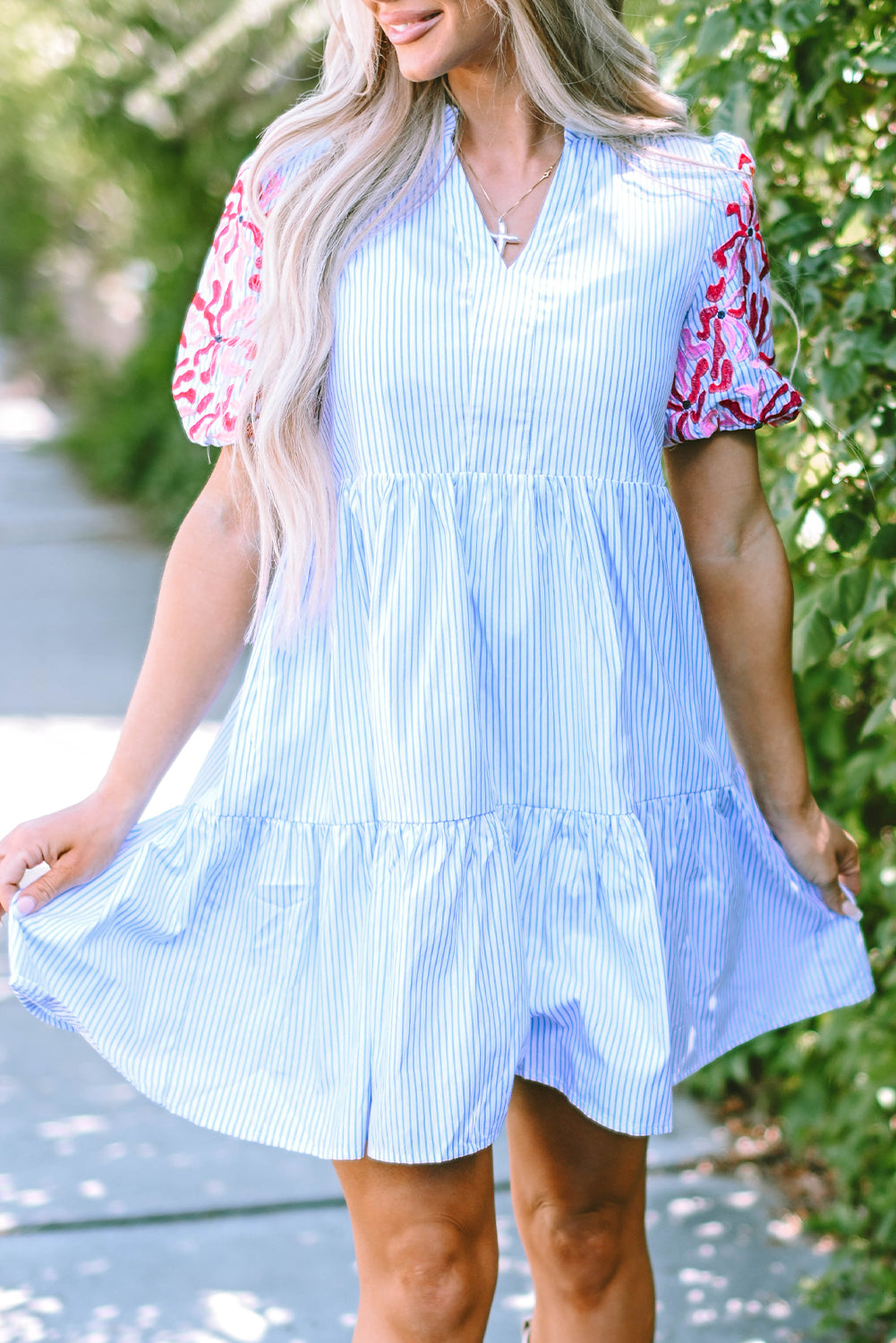 Threaded Pear Kori Stripe Contrast Floral Puff Sleeve Tiered Ruffle Dress