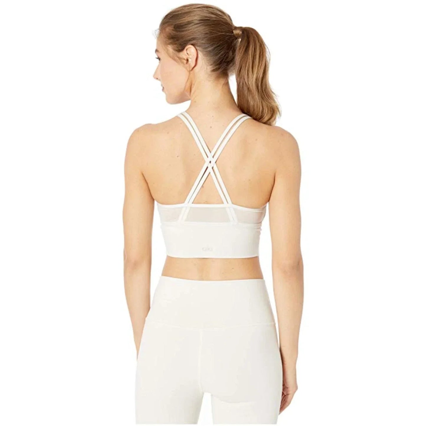 Alo Yoga Sneak Long Sports Stretch Crisscross Back Performance Women's Sports Bra — Bone