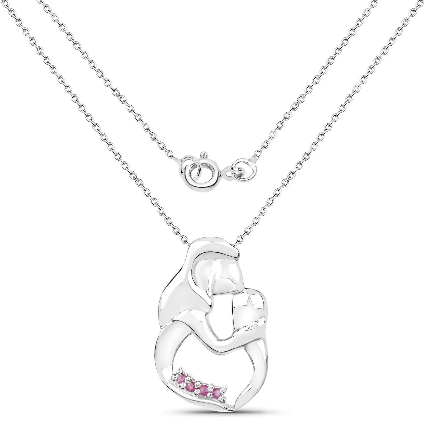 Round Pink Ruby Prong Silver Mom Pendant Necklace