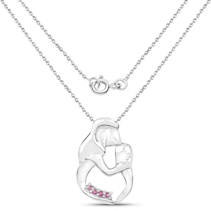 Round Pink Ruby Prong Silver Mom Pendant Necklace