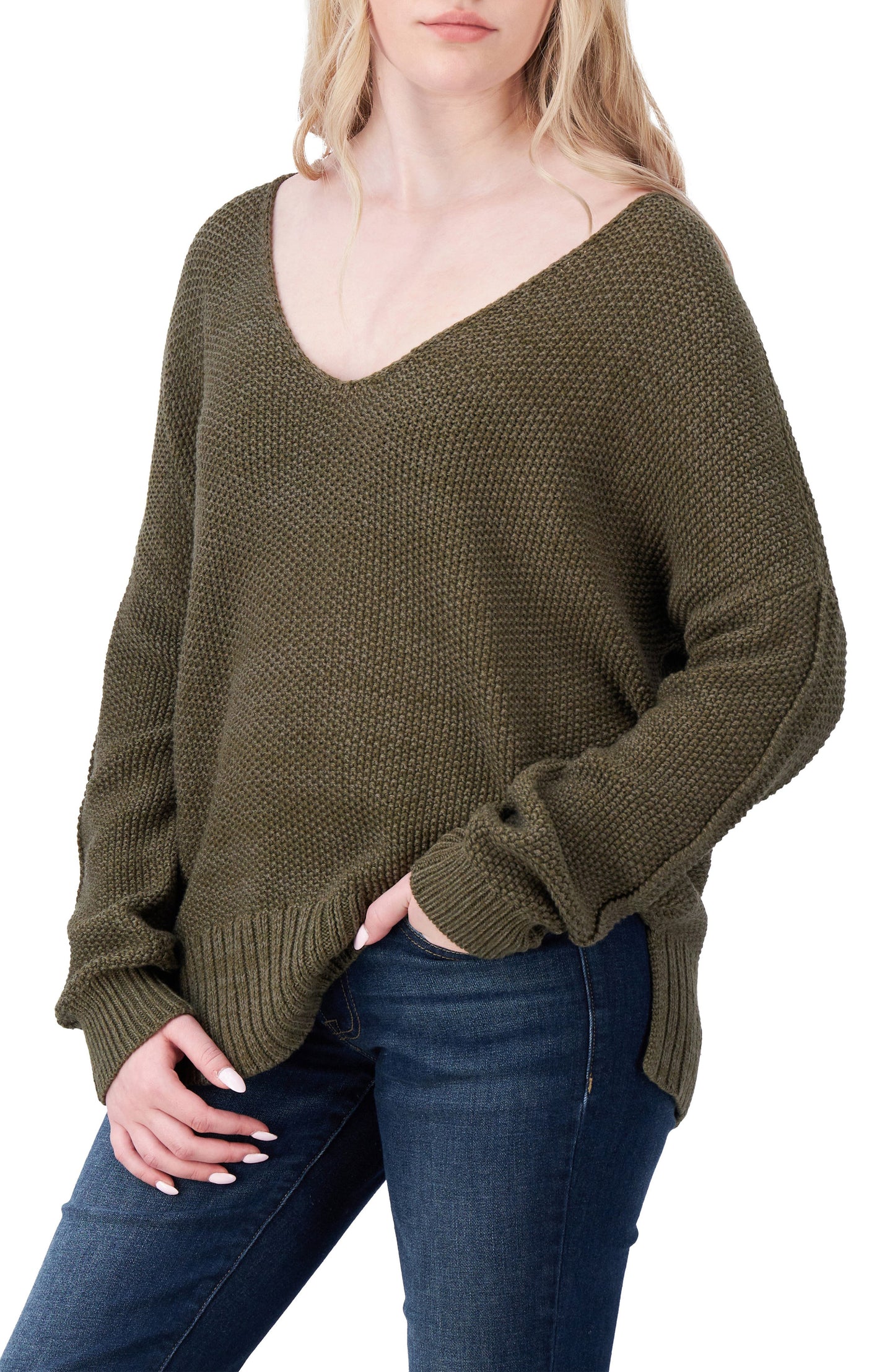 Lucky Brand Women's Spring Weight V Neck Pullover - Olive