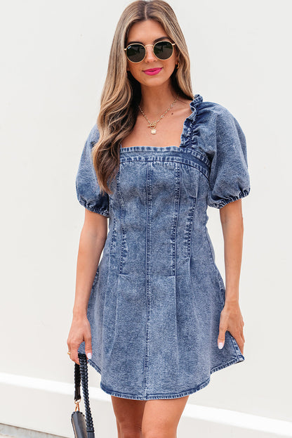 Threaded Pear Celia Square Neck Bustier Puff Sleeve Short Denim Dress