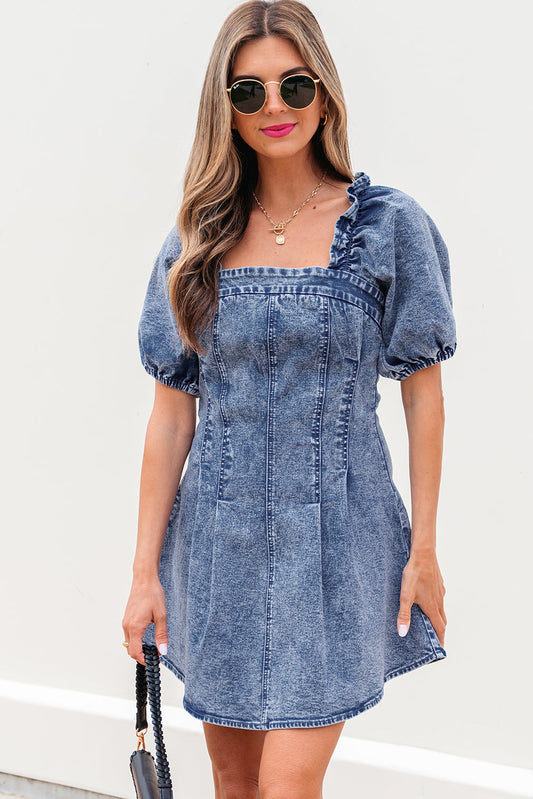 Threaded Pear Celia Square Neck Bustier Puff Sleeve Short Denim Dress