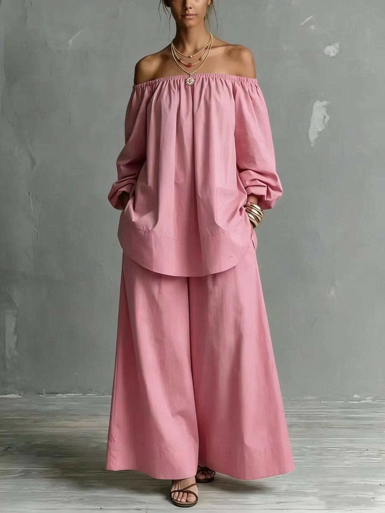 Off-Shoulder Cotton-Linen Wide-Leg Pants Set – 6 Colors, S–5XL