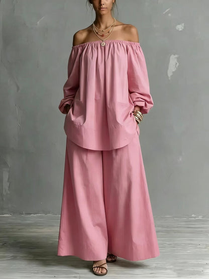 Off-Shoulder Cotton-Linen Wide-Leg Pants Set – 6 Colors, S–5XL