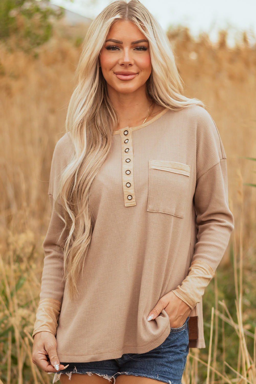 Threaded Pear Blake Waffle Textured Tunic Henley Top with Slits