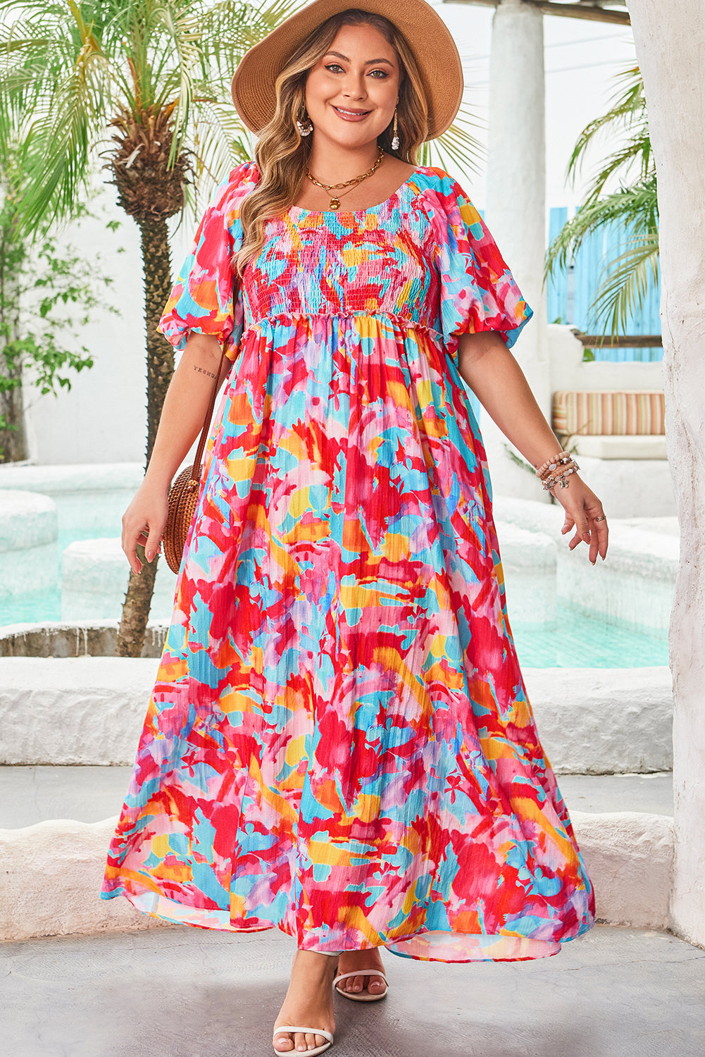 Threaded Pear Rachel Plus Size Puff Sleeve Square Neck Dress