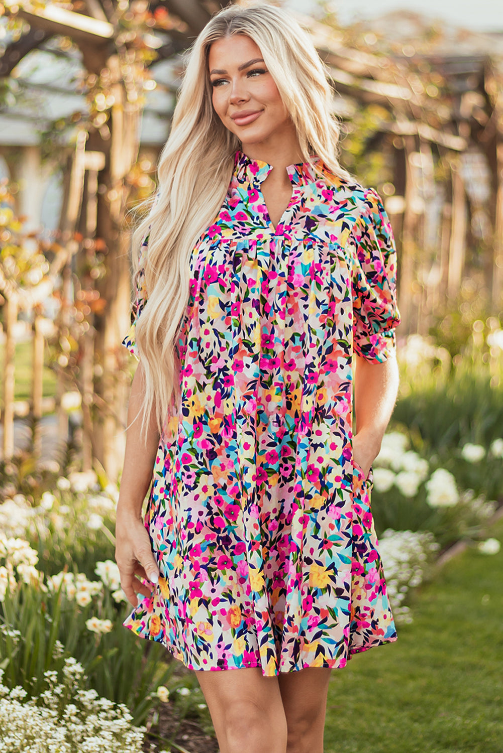 Threaded Pear Hadlee Floral Puff Short Sleeve V Neck Mini Dress